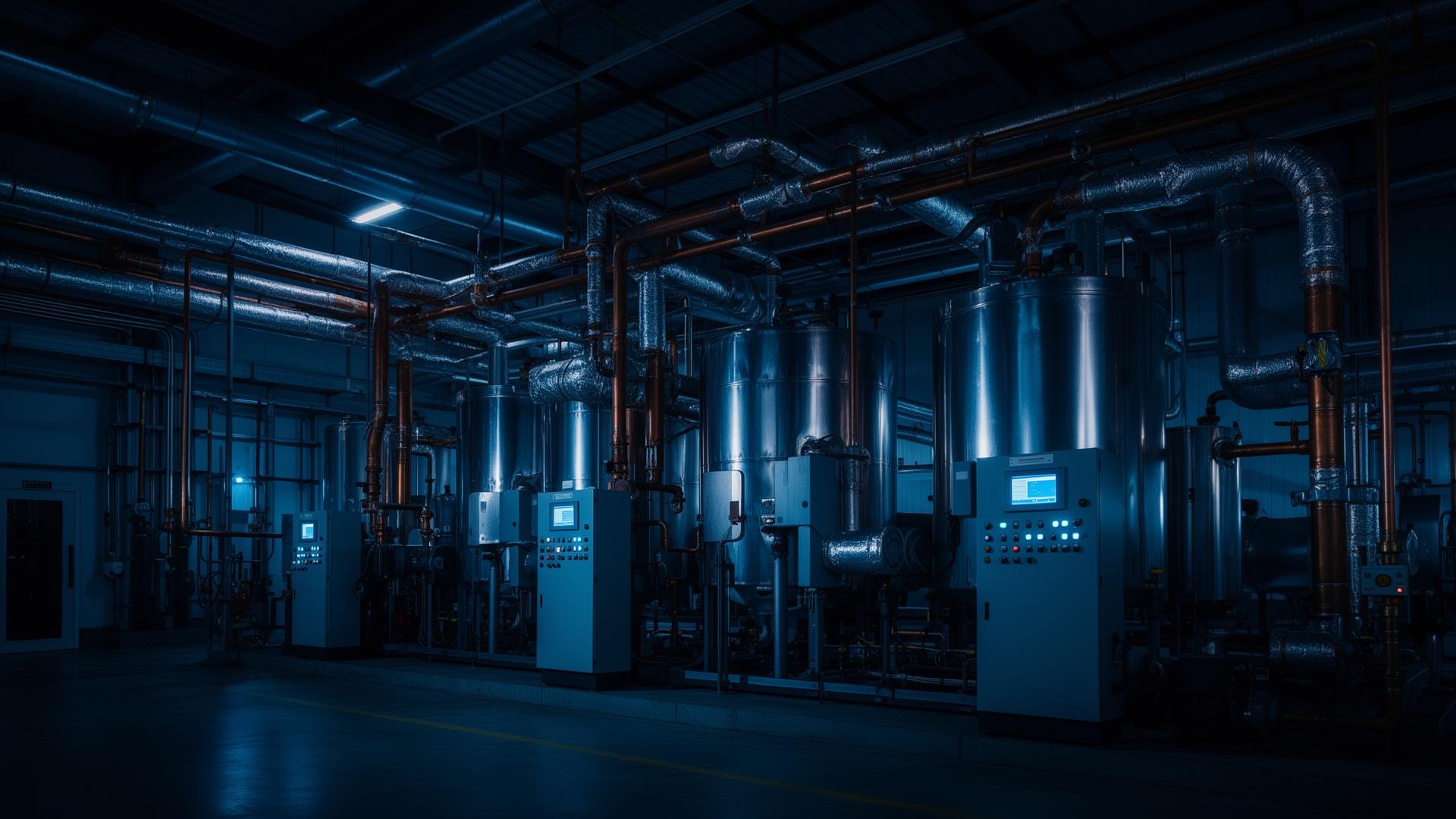 Industrial HVAC plant room with copper piping